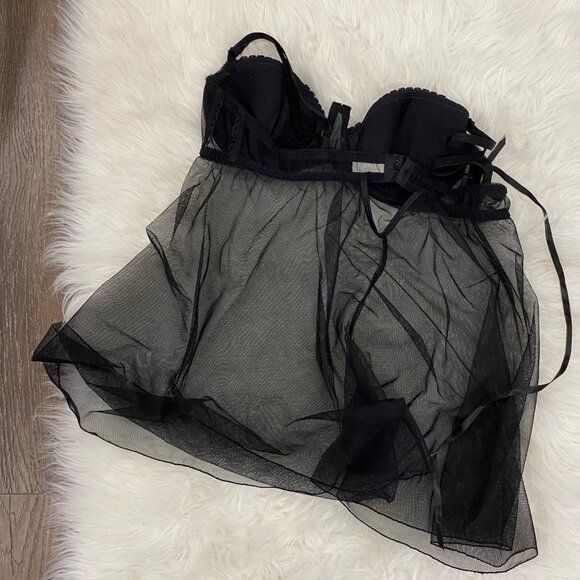 Fredericks Of Hollywood Sheer Black Babydoll Lingerie With Pink Satin Accents - Picture 3 of 5